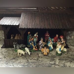 Vintage Hand-Painted Nativity Scene Set with Wooden Stable. Made in Italy
